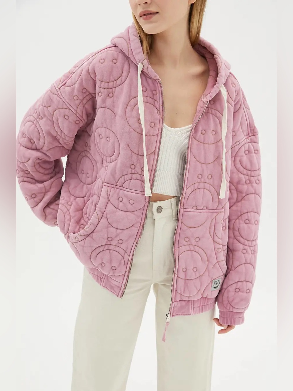BDG Muted Rose Smiley Face Quilted Oversized Embroidered Zip Up Sweatshirt Small